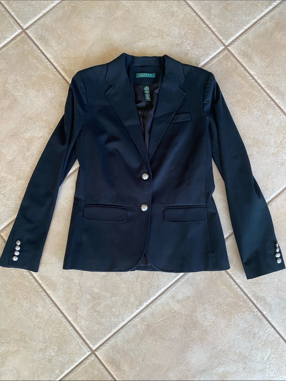 Lauren Ralph Lauren Women's Black Structured Blazer Size 6 Silver Crested Button